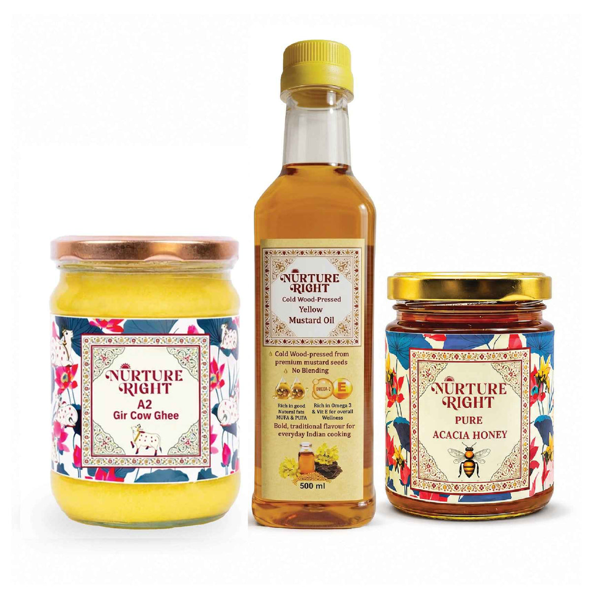 The Golden Essentials Trio (500ML Ghee + Yellow Mustard Oil + Honey)